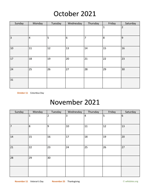 October and November 2021 Calendar Vertical