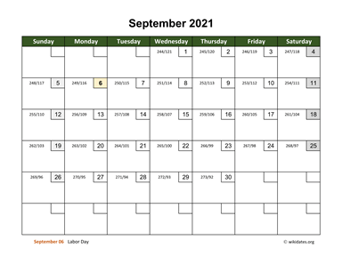 September 2021 Calendar with Day Numbers