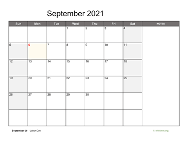 September 2021 Calendar with Notes