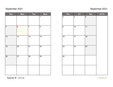 September 2021 Calendar on two pages
