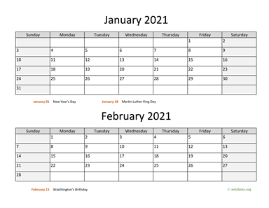 Two Months 2021 Calendar Horizontal