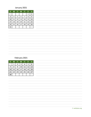 Two Months 2021 Calendar with Notes