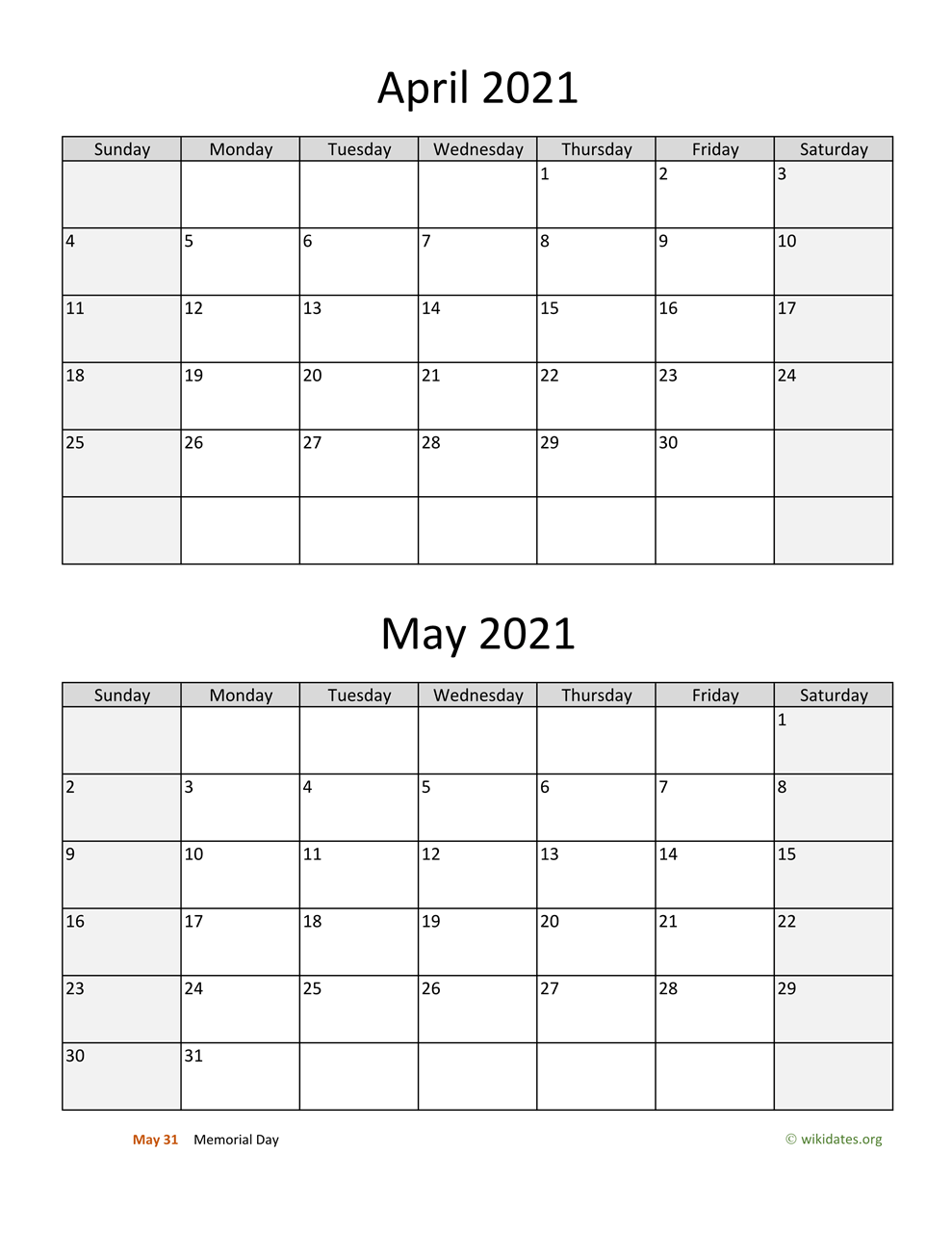 April and May 2021 Calendar