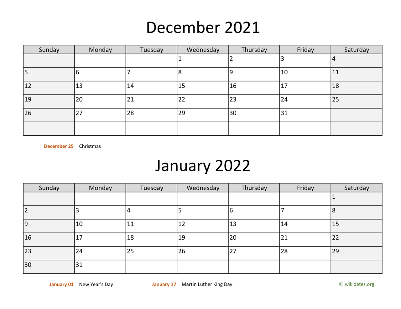 December And January Calendar 2022 December 2021 And January 2022 Calendar | Wikidates.org