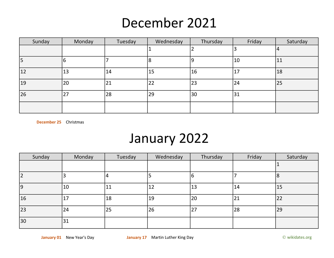 December 2021 And January 2022 Calendar