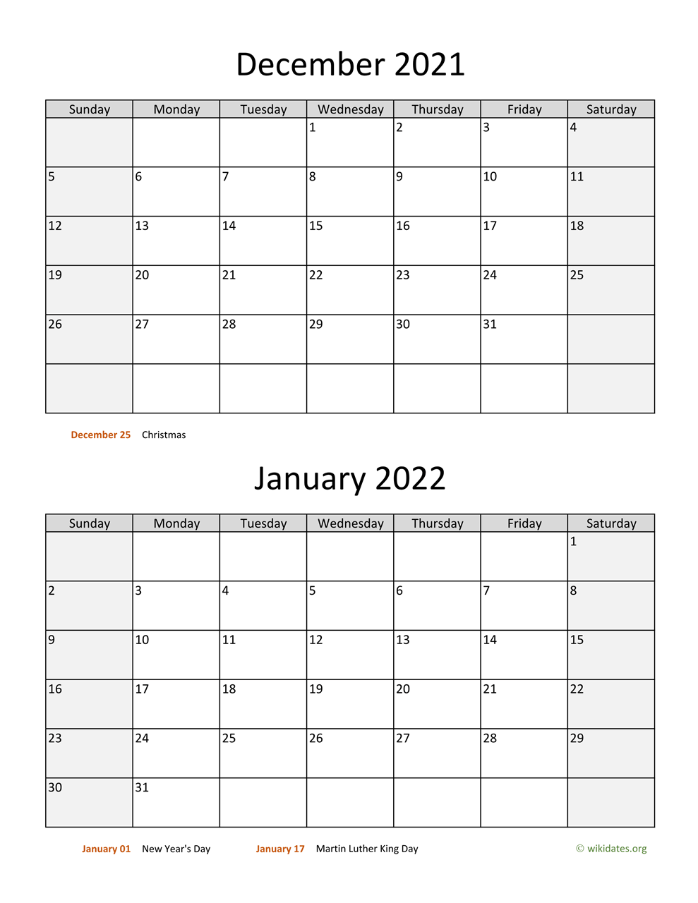 December And January 2022 Calendar December 2021 And January 2022 Calendar | Wikidates.org