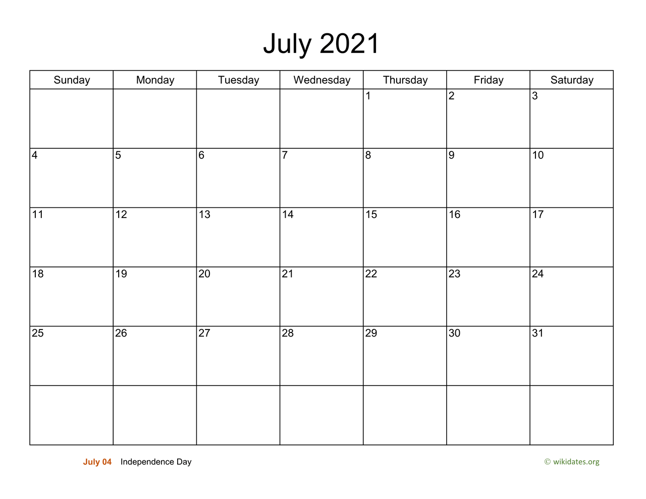 Basic Calendar for July 2021