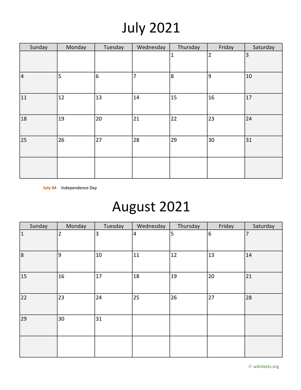 July And August 2021 Calendar