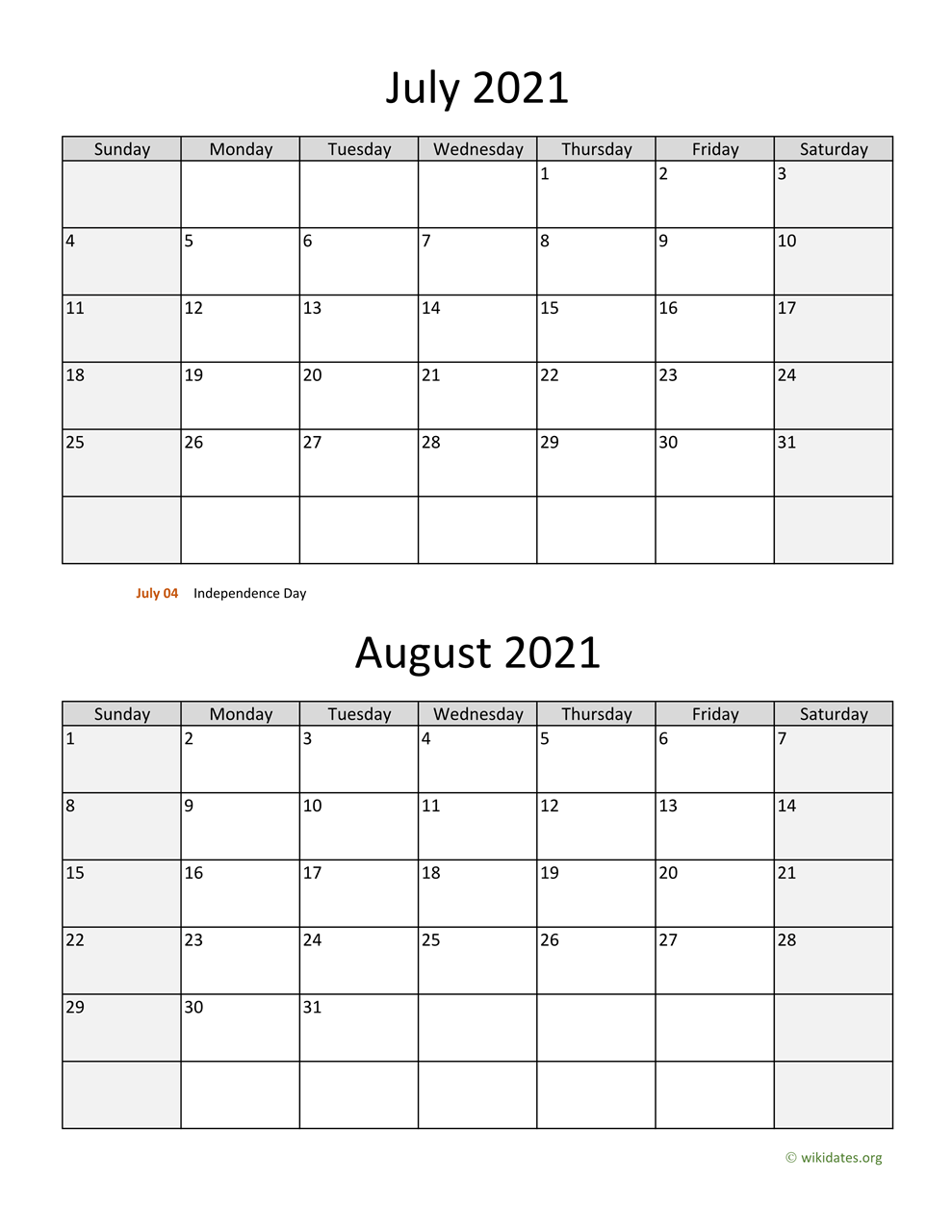July And August 2021 Calendar WikiDates