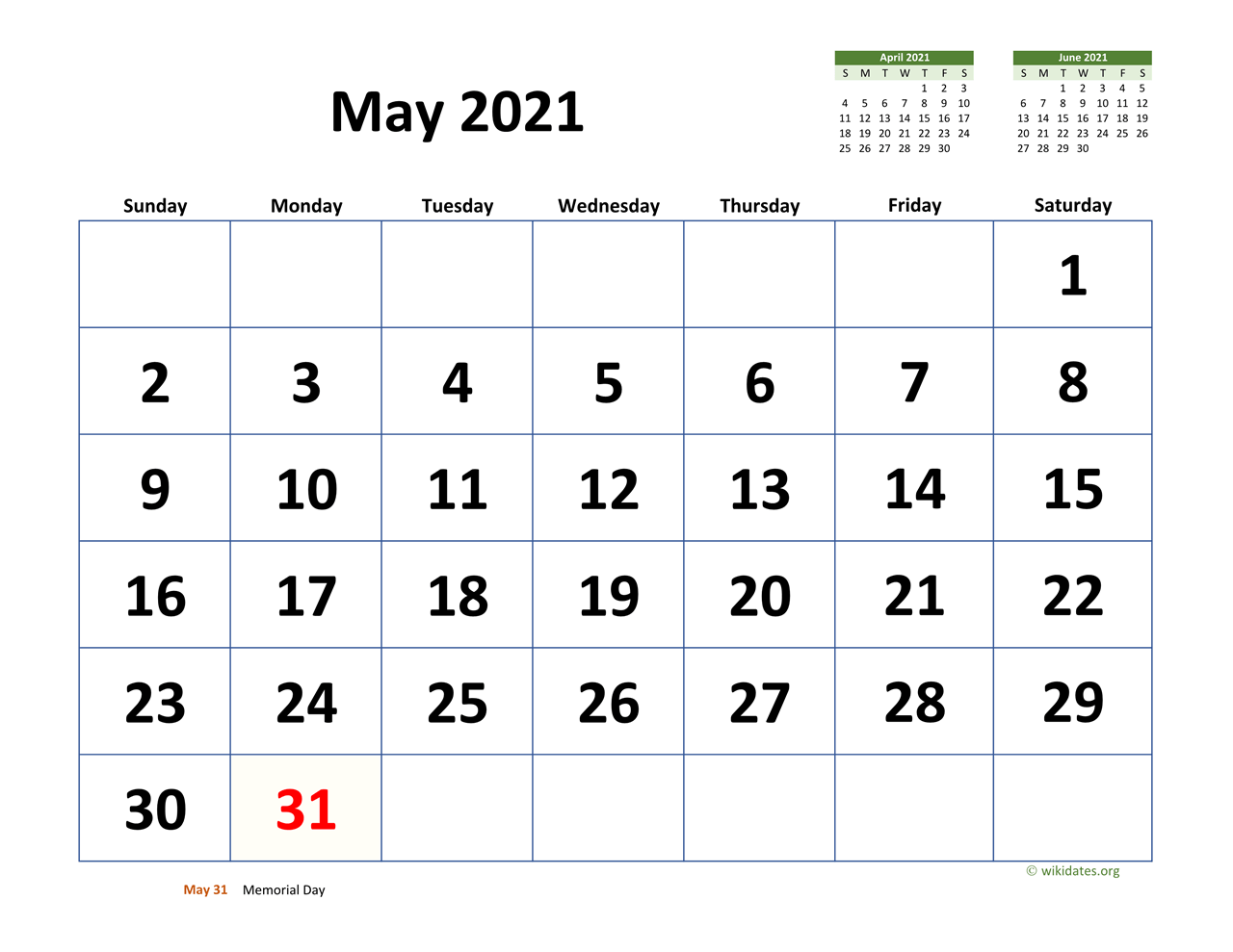 May 2021 calendar