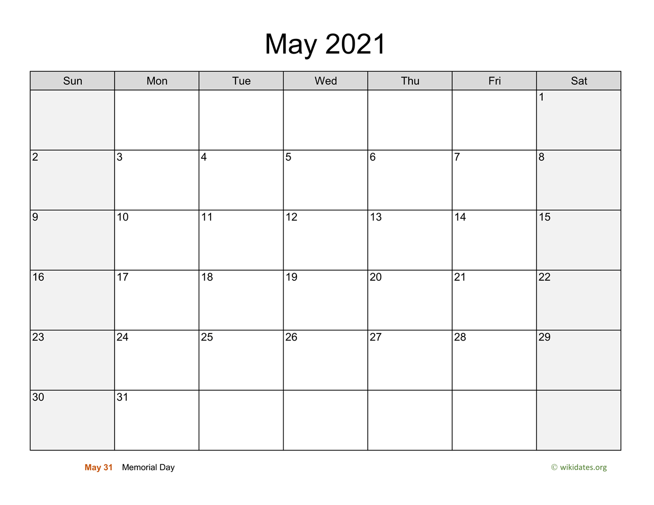 May 2021 Calendar With Weekend Shaded Wikidates Org
