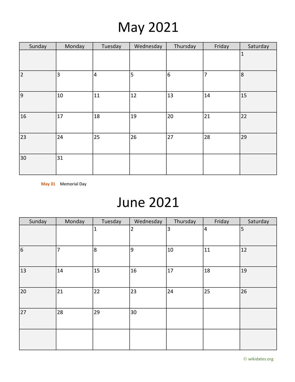 May and June 2021 Calendar