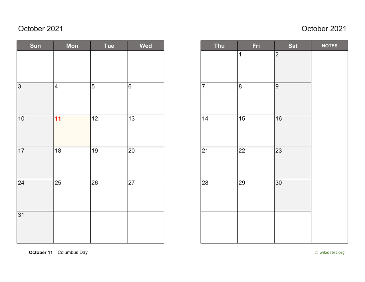 October calendar 2021