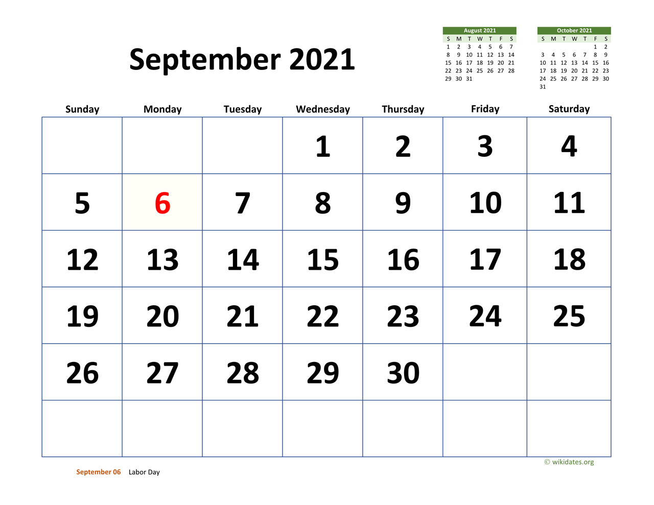 September 2021 Calendar with Extralarge Dates