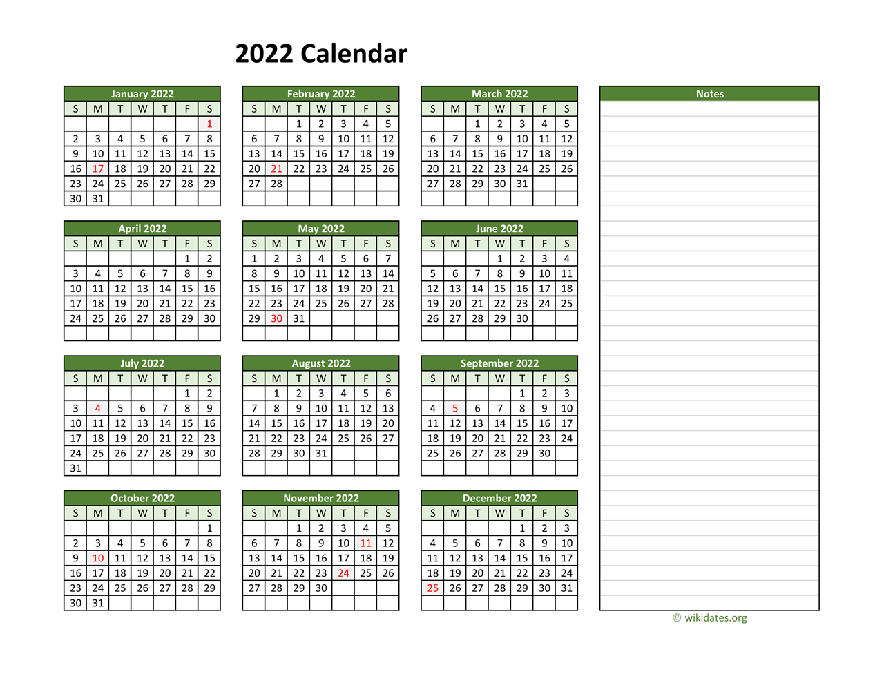 Printable Calendar 2022 With Notes Yearly Printable 2022 Calendar With Notes | Wikidates.org