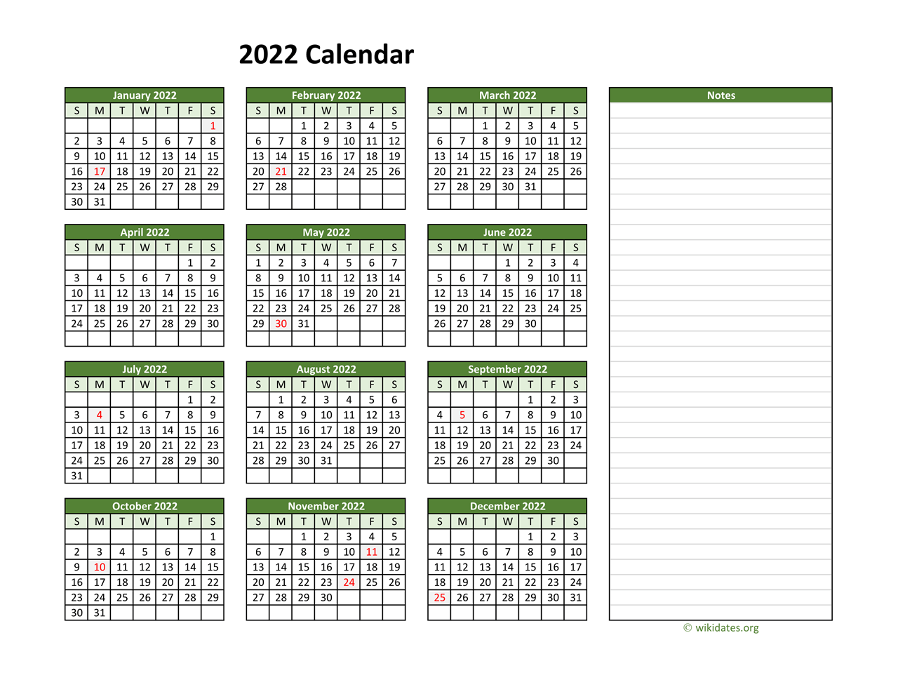 Yearly Printable 2022 Calendar With Notes