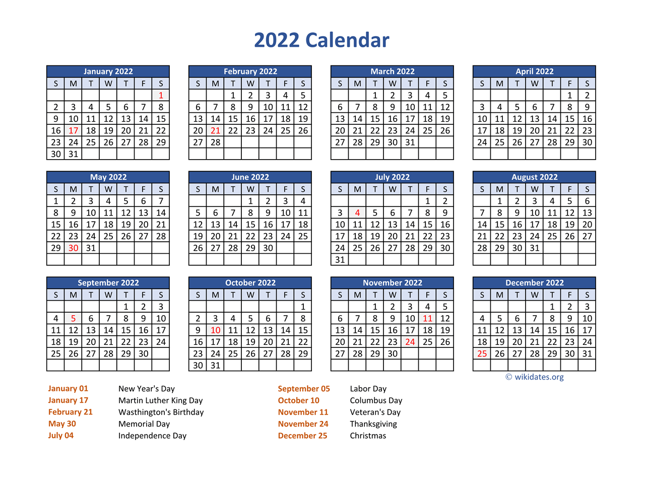 Pdf Calendar 2022 With Federal Holidays Wikidates Org