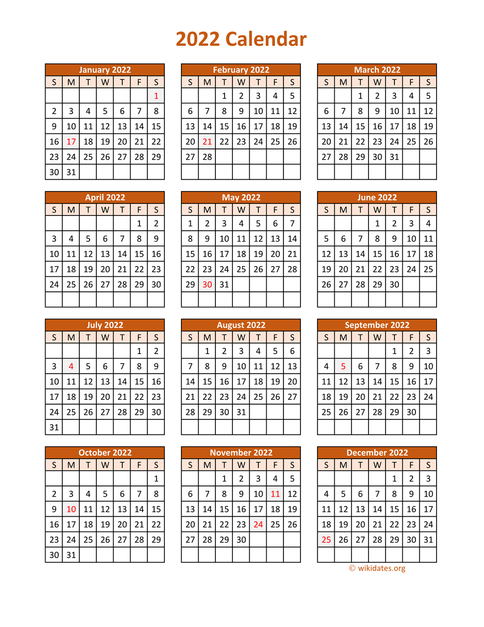 Full Calendar 2022 Full Year 2022 Calendar On One Page | Wikidates.org