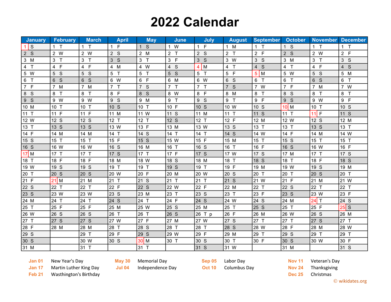 One Page Yearly Calendar 2022 2022 Calendar Horizontal, One Page | Wikidates.org