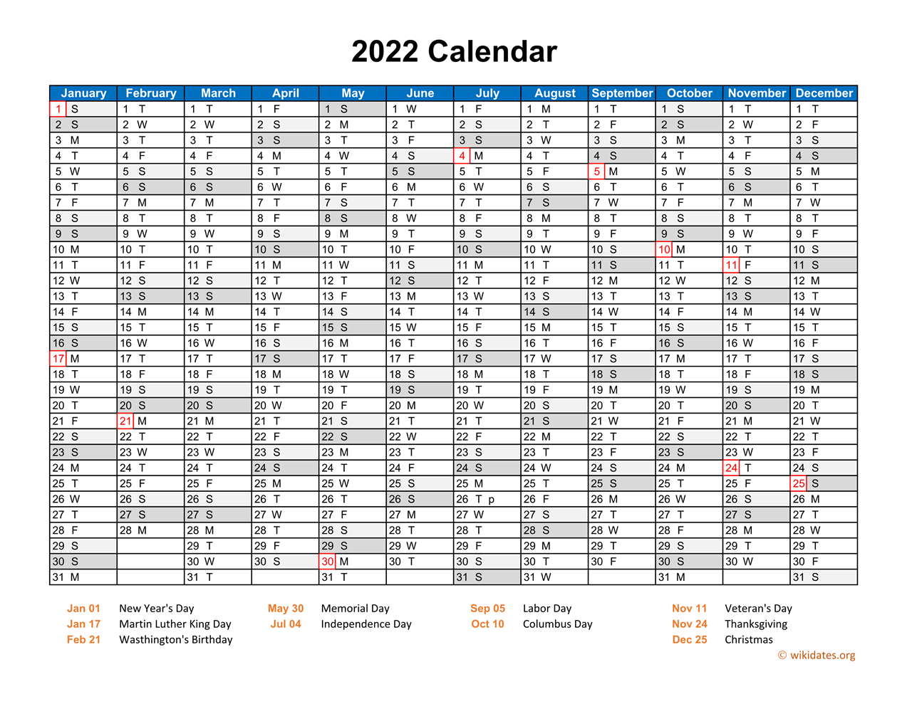 2022 Calendar Horizontal One Page