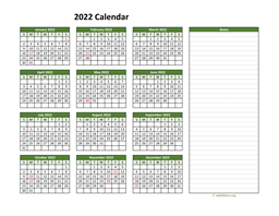 Yearly Printable 2022 Calendar with Notes
