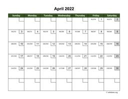April 2022 Calendar with Day Numbers