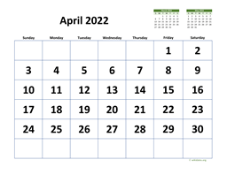 April 2022 Calendar with Extra-large Dates
