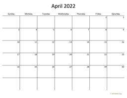 April 2022 Calendar with Bigger boxes