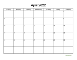 Basic Calendar for April 2022