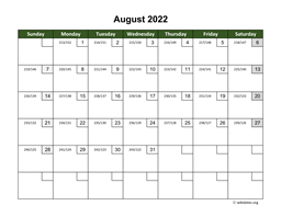 August 2022 Calendar with Day Numbers