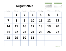 August 2022 Calendar with Extra-large Dates