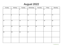 Basic Calendar for August 2022