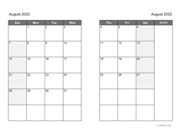 August 2022 Calendar on two pages