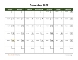 December 2022 Calendar with Day Numbers