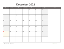 December 2022 Calendar with Notes