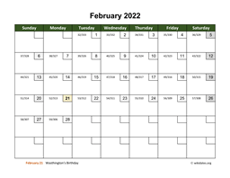 February 2022 Calendar with Day Numbers