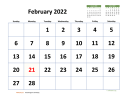 February 2022 Calendar with Extra-large Dates