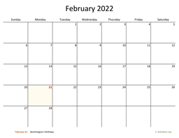 February 2022 Calendar with Bigger boxes