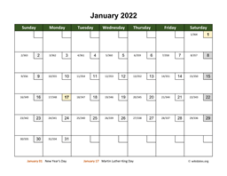 January 2022 Calendar with Day Numbers