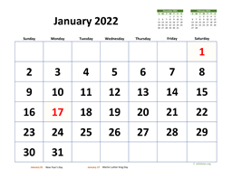 January 2022 Calendar with Extra-large Dates