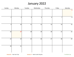 January 2022 Calendar with Bigger boxes