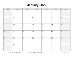 January 2022 Calendar with Weekend Shaded