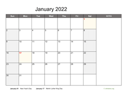 January 2022 Calendar with Notes