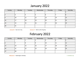 january and february 2022 calendar
