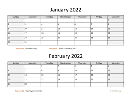 January and February 2022 Calendar