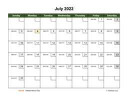 July 2022 Calendar with Day Numbers