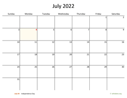 July 2022 Calendar with Bigger boxes