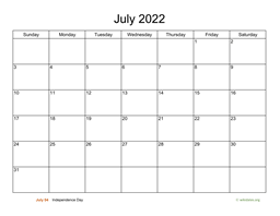 Basic Calendar for July 2022