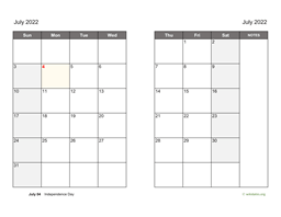 July 2022 Calendar on two pages