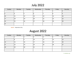 July and August 2022 Calendar